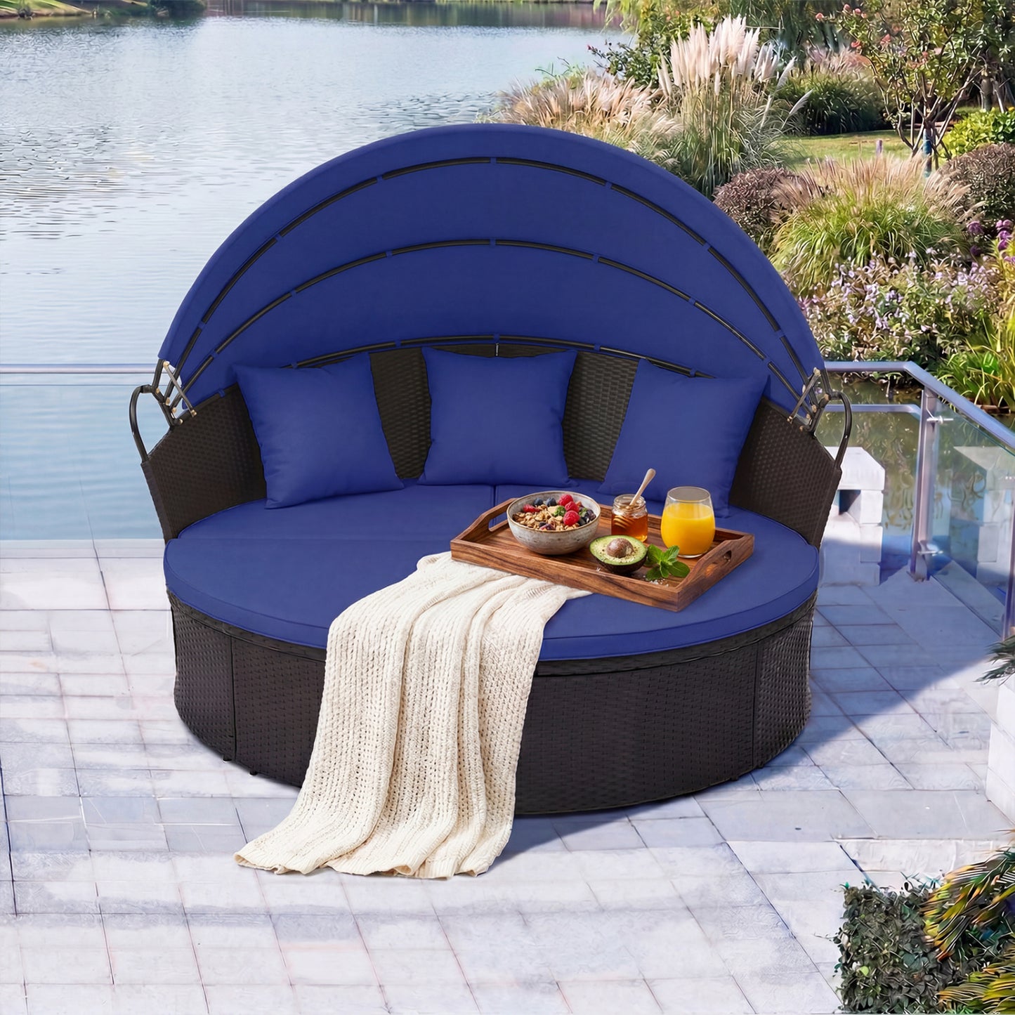 Clamshell Patio Round Daybed Wicker with Retractable Canopy and Pillows, Navy Outdoor Sectionals at Gallery Canada