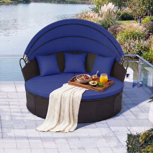 Clamshell Patio Round Daybed Wicker with Retractable Canopy and Pillows, Navy Outdoor Sectionals Navy at Gallery Canada