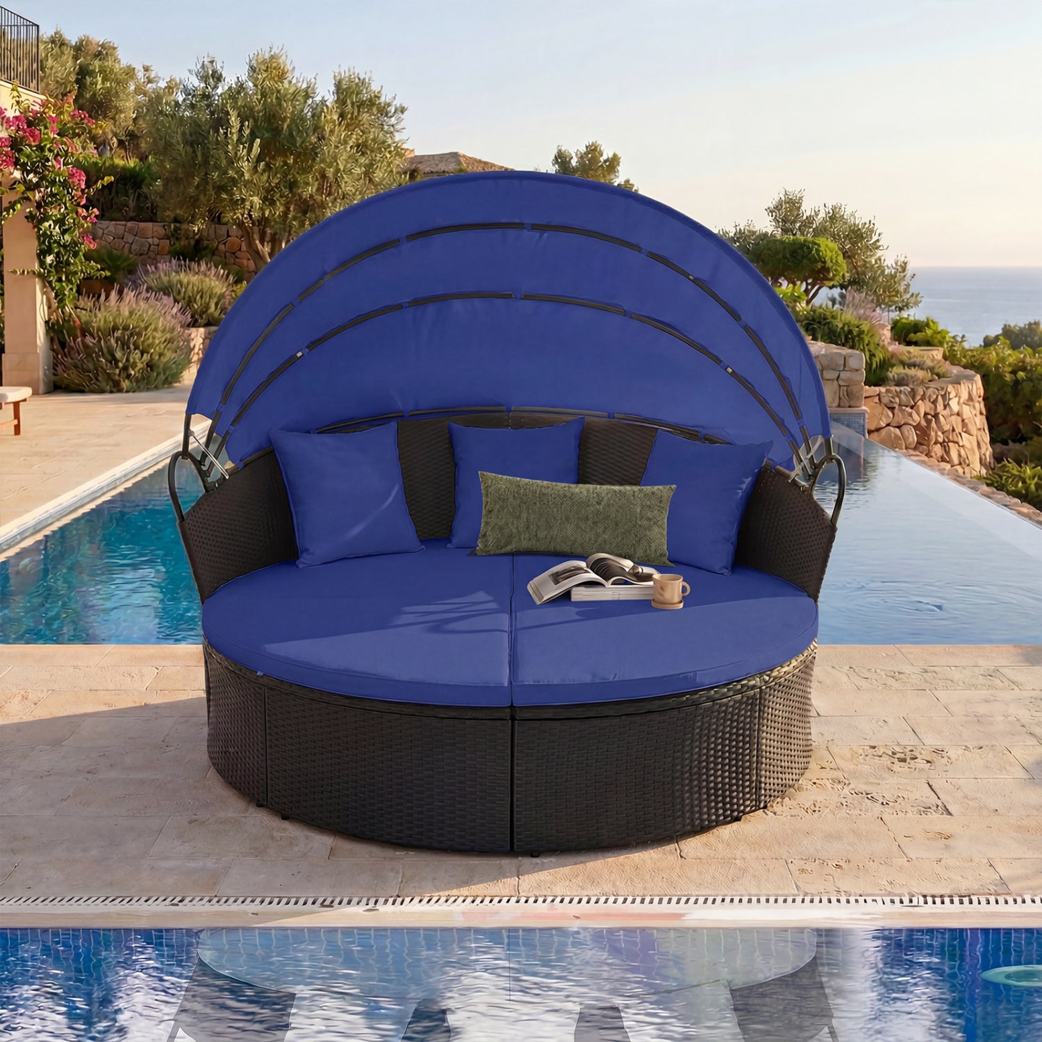 Clamshell Patio Round Daybed Wicker with Retractable Canopy and Pillows, Navy Outdoor Sectionals at Gallery Canada