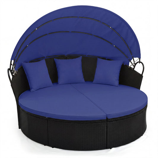 Clamshell Patio Round Daybed Wicker with Retractable Canopy and Pillows, Navy Outdoor Sectionals Navy at Gallery Canada