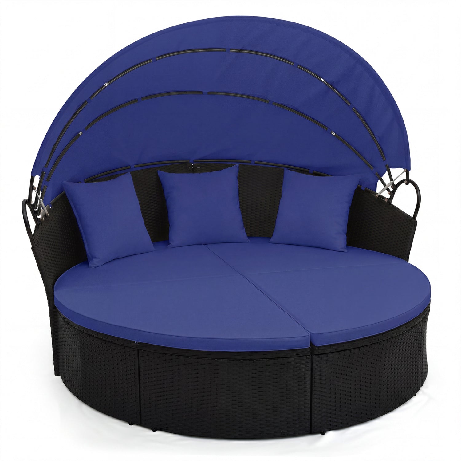 Clamshell Patio Round Daybed Wicker with Retractable Canopy and Pillows, Navy Outdoor Sectionals Navy at Gallery Canada