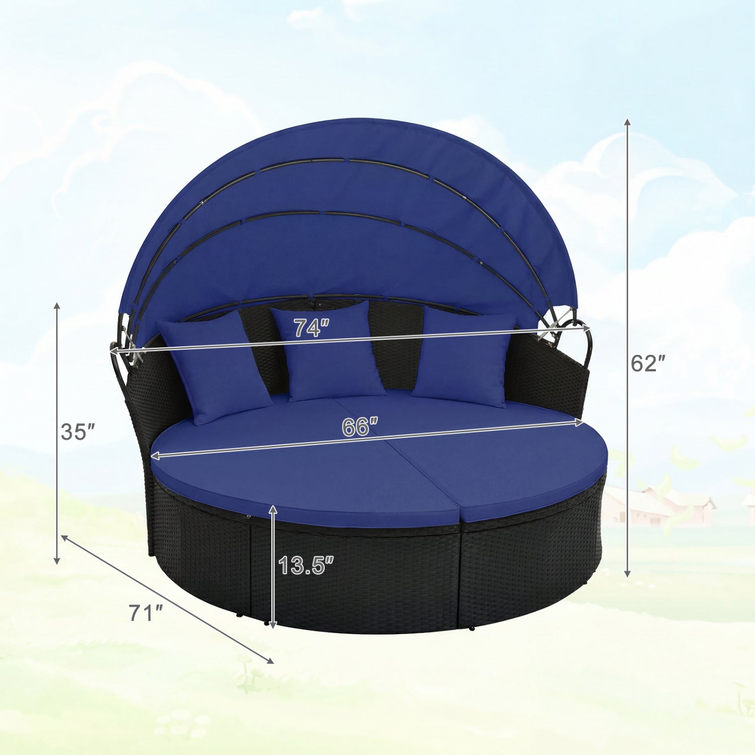 Clamshell Patio Round Daybed Wicker with Retractable Canopy and Pillows, Navy Outdoor Sectionals at Gallery Canada