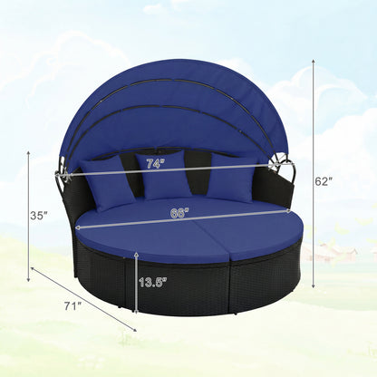 Clamshell Patio Round Daybed Wicker with Retractable Canopy and Pillows, Navy Outdoor Sectionals at Gallery Canada