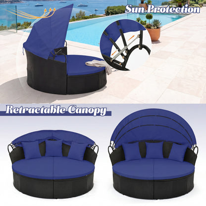 Clamshell Patio Round Daybed Wicker with Retractable Canopy and Pillows, Navy Outdoor Sectionals at Gallery Canada