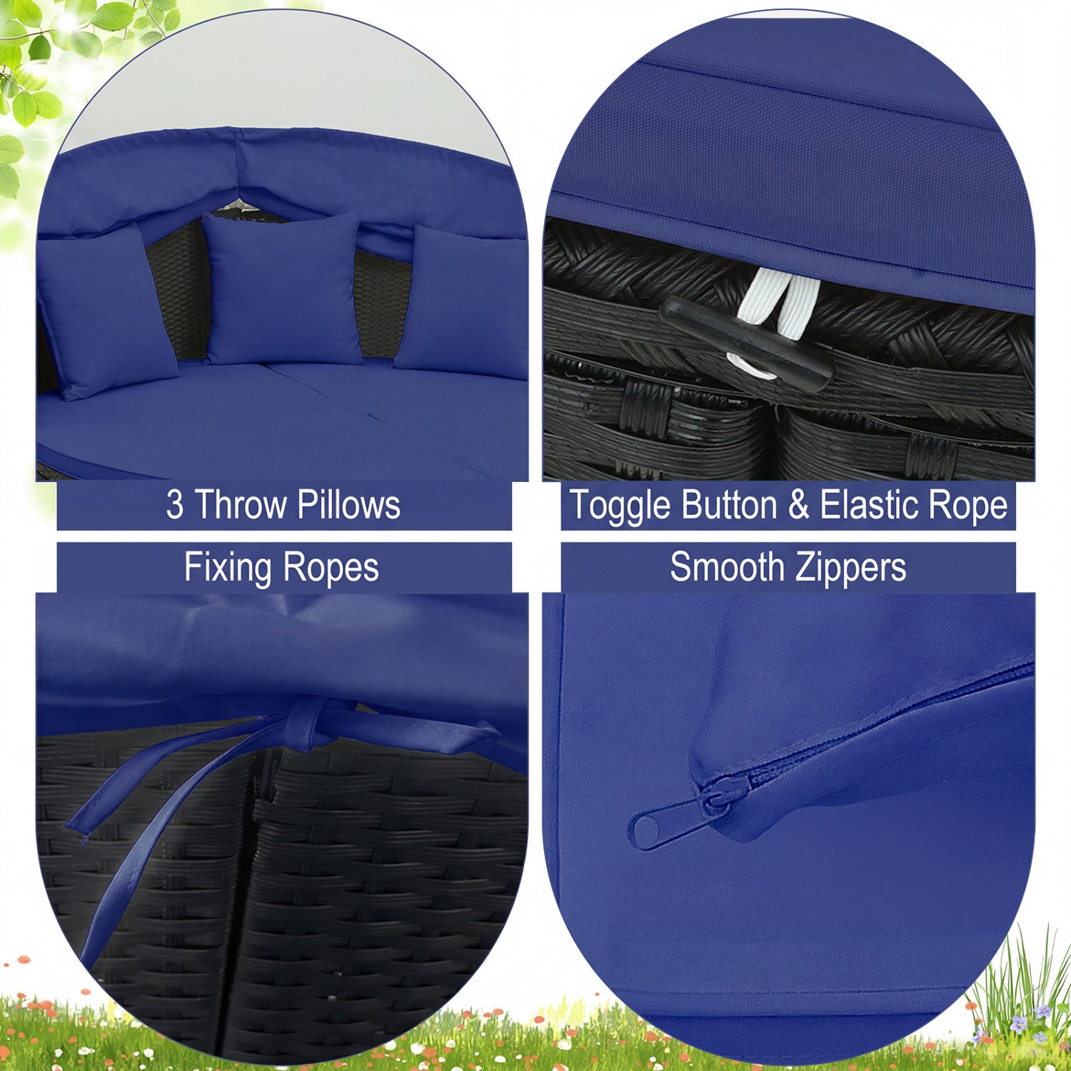 Clamshell Patio Round Daybed Wicker with Retractable Canopy and Pillows, Navy Outdoor Sectionals at Gallery Canada