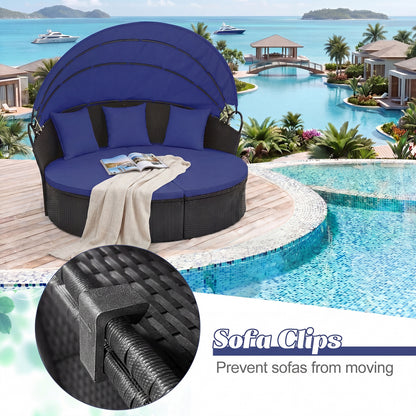 Clamshell Patio Round Daybed Wicker with Retractable Canopy and Pillows, Navy Outdoor Sectionals at Gallery Canada