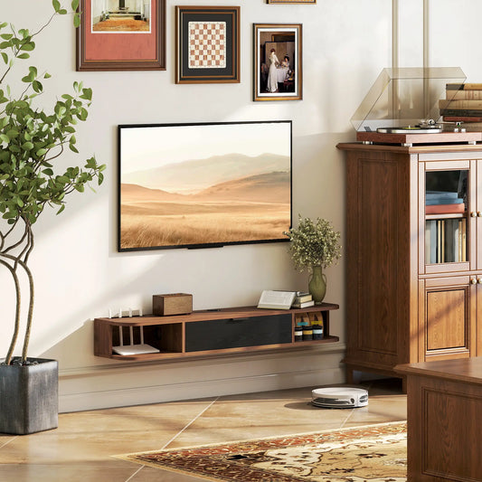 47 Inch Floating TV Stand, Wall Mounted Media Console, Flip Drawer, 2 Open Shelves, Walnut TV Stands Walnut, Black at Gallery Canada