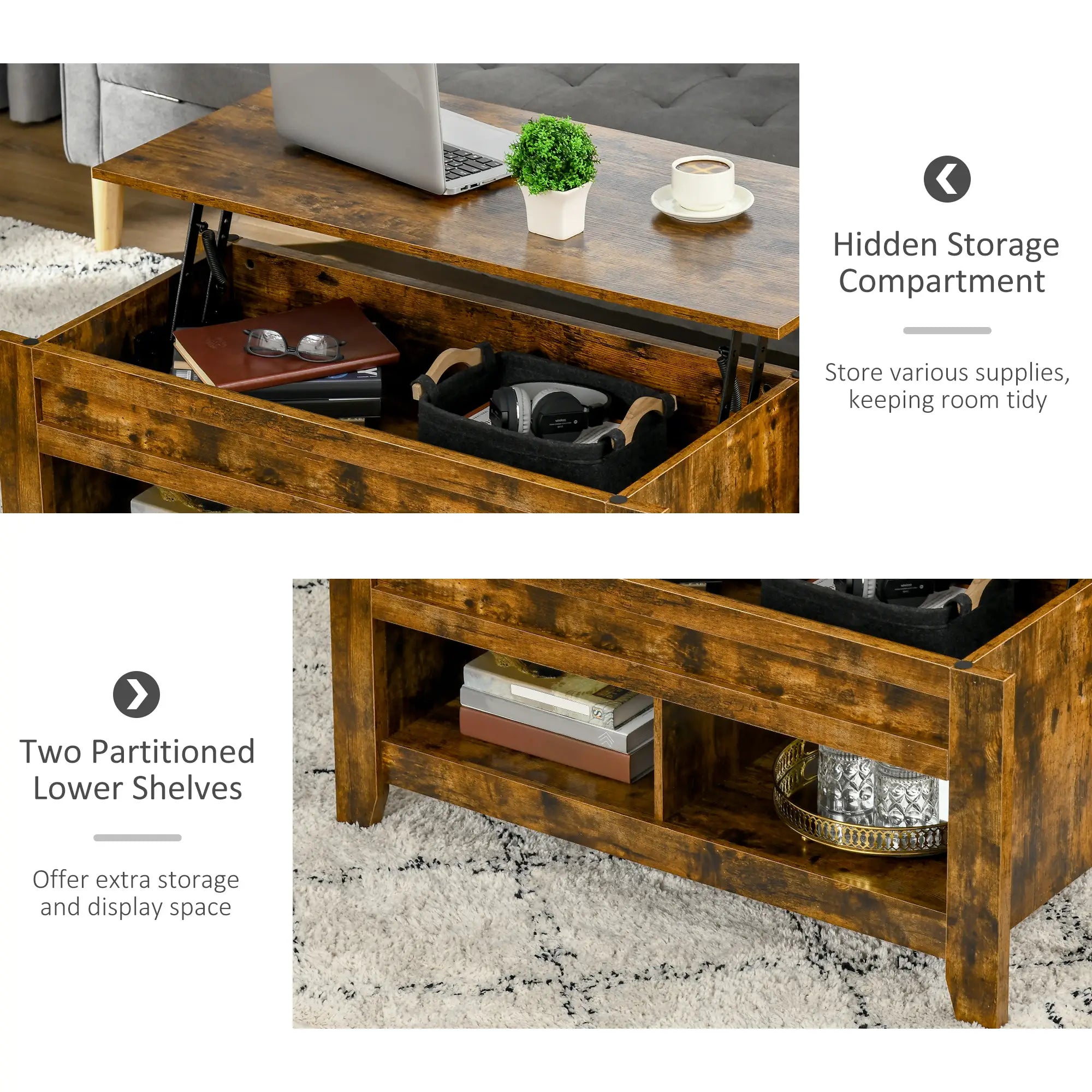 Lift Top Coffee Table, Hidden Storage, Open Shelves, Brown Coffee Tables at Gallery Canada