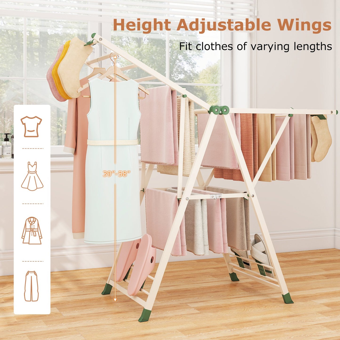 Clothes Drying Rack with Height Adjustable Wings, Beige Drying Racks at Gallery Canada