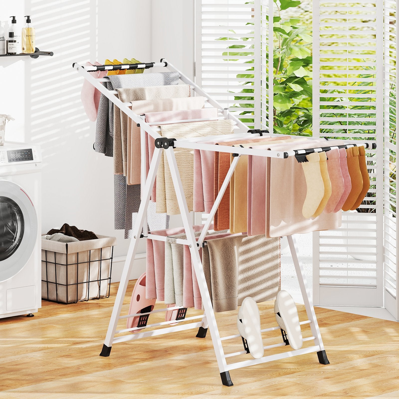 Clothes Drying Rack with Height Adjustable Wings, White Drying Racks at Gallery Canada