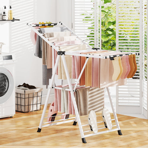 Clothes Drying Rack with Height Adjustable Wings, White