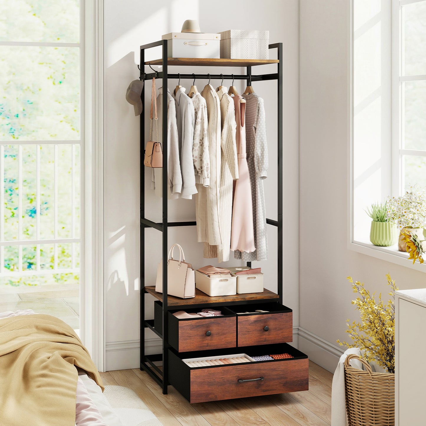 Clothes Rack With Drawers, Shelves, Side Hooks, Metal Frame, Brown Coat Racks & Hall Trees at Gallery Canada