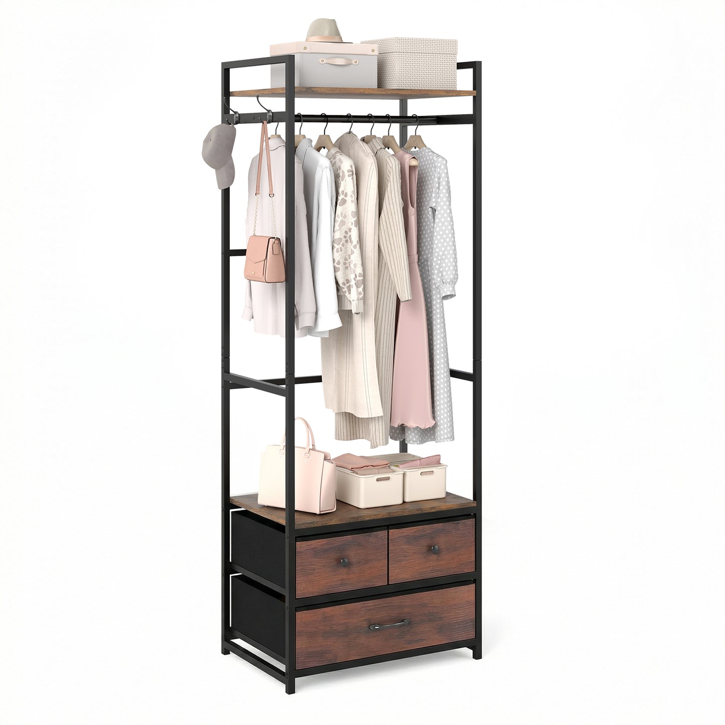 Clothes Rack With Drawers, Shelves, Side Hooks, Metal Frame, Brown Coat Racks & Hall Trees at Gallery Canada