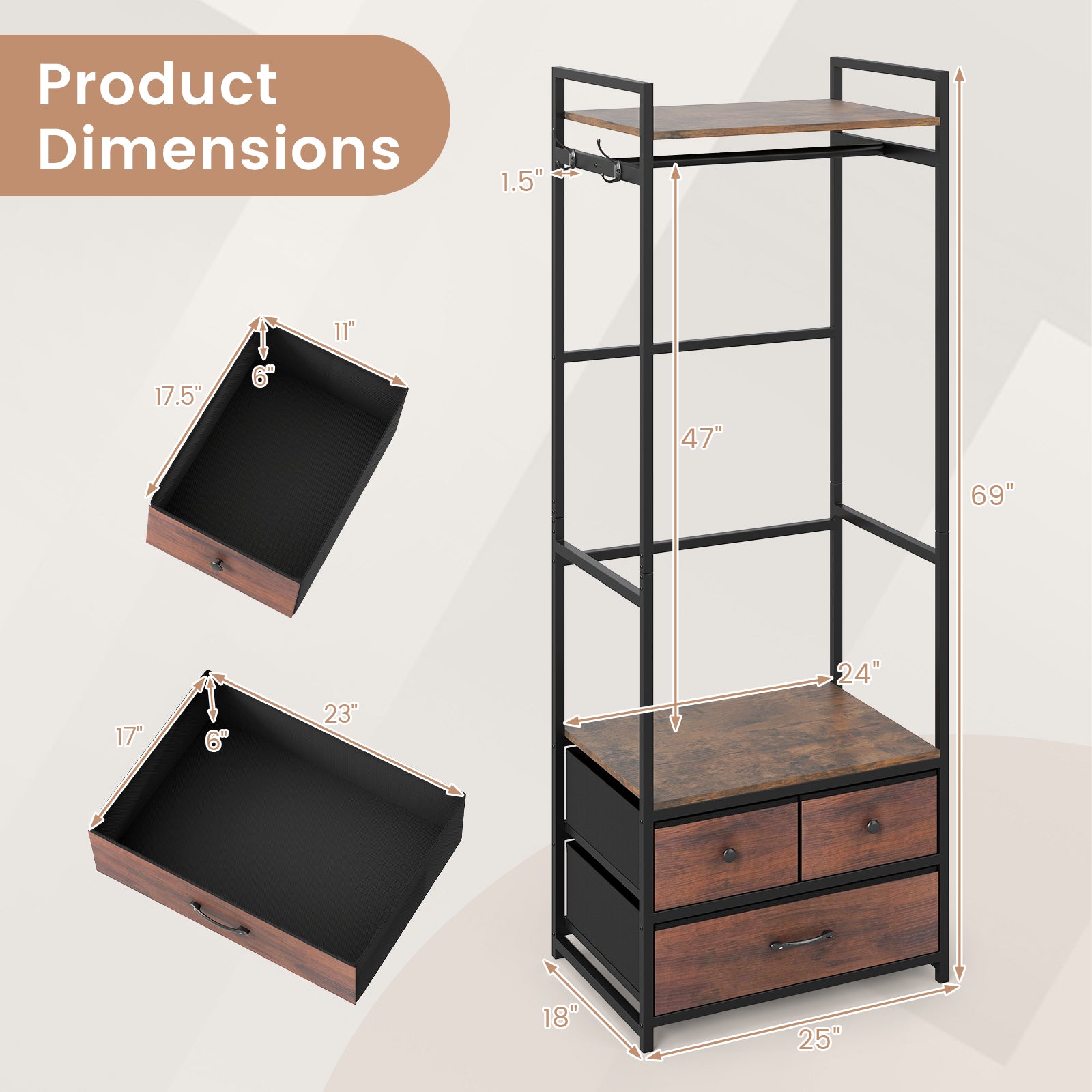 Clothes Rack With Drawers, Shelves, Side Hooks, Metal Frame, Brown Coat Racks & Hall Trees at Gallery Canada