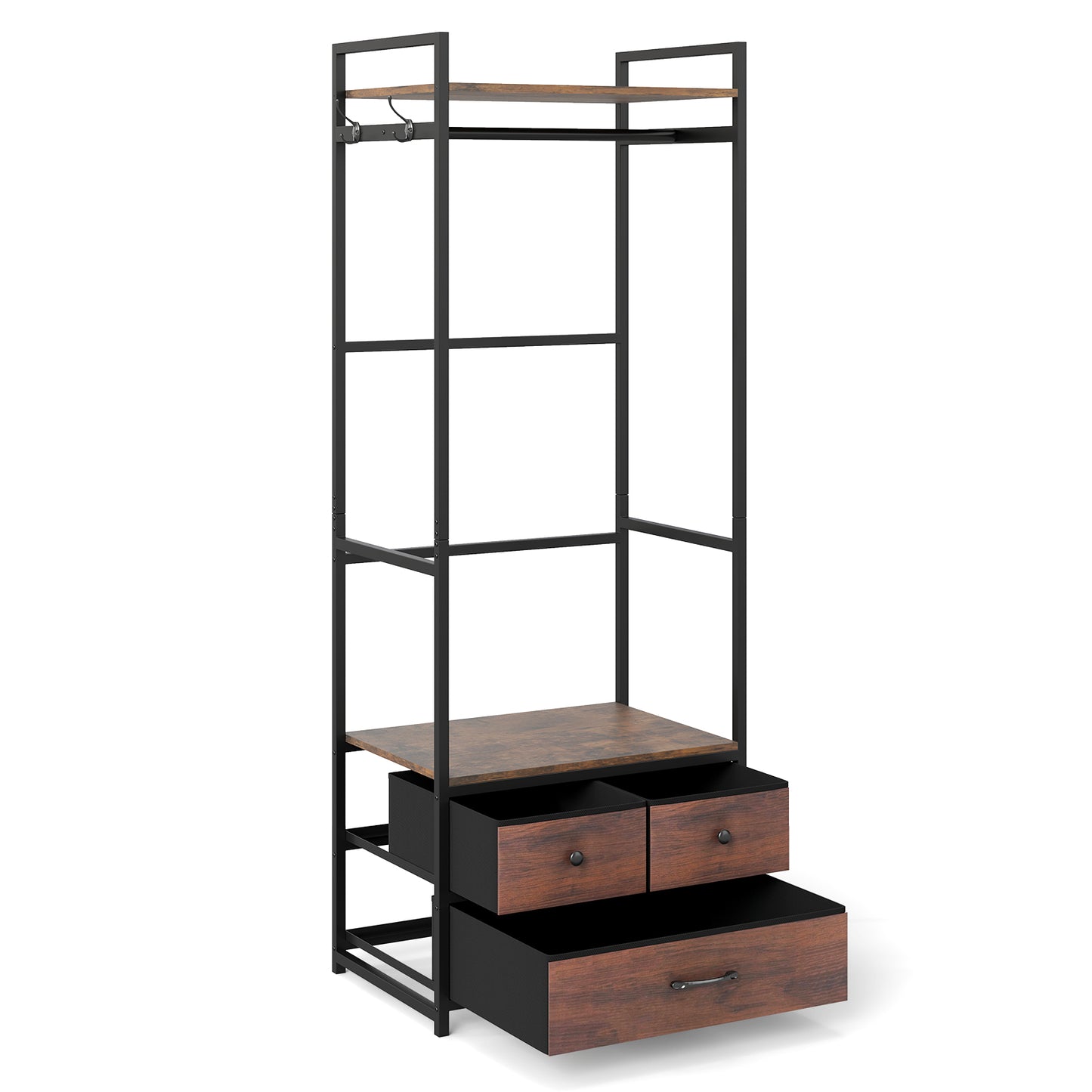 Clothes Rack With Drawers, Shelves, Side Hooks, Metal Frame, Brown Coat Racks & Hall Trees at Gallery Canada