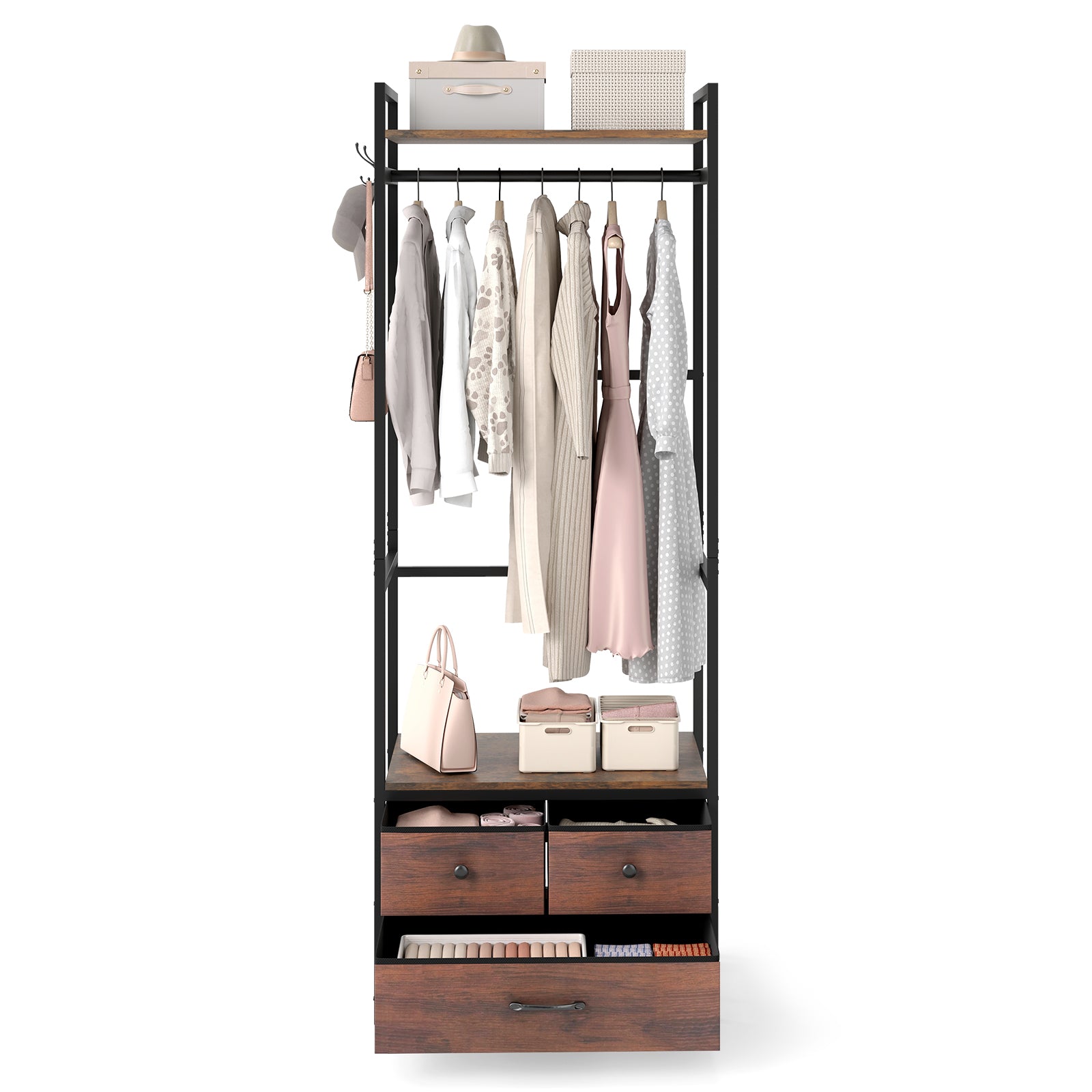 Clothes Rack With Drawers, Shelves, Side Hooks, Metal Frame, Brown Coat Racks & Hall Trees at Gallery Canada