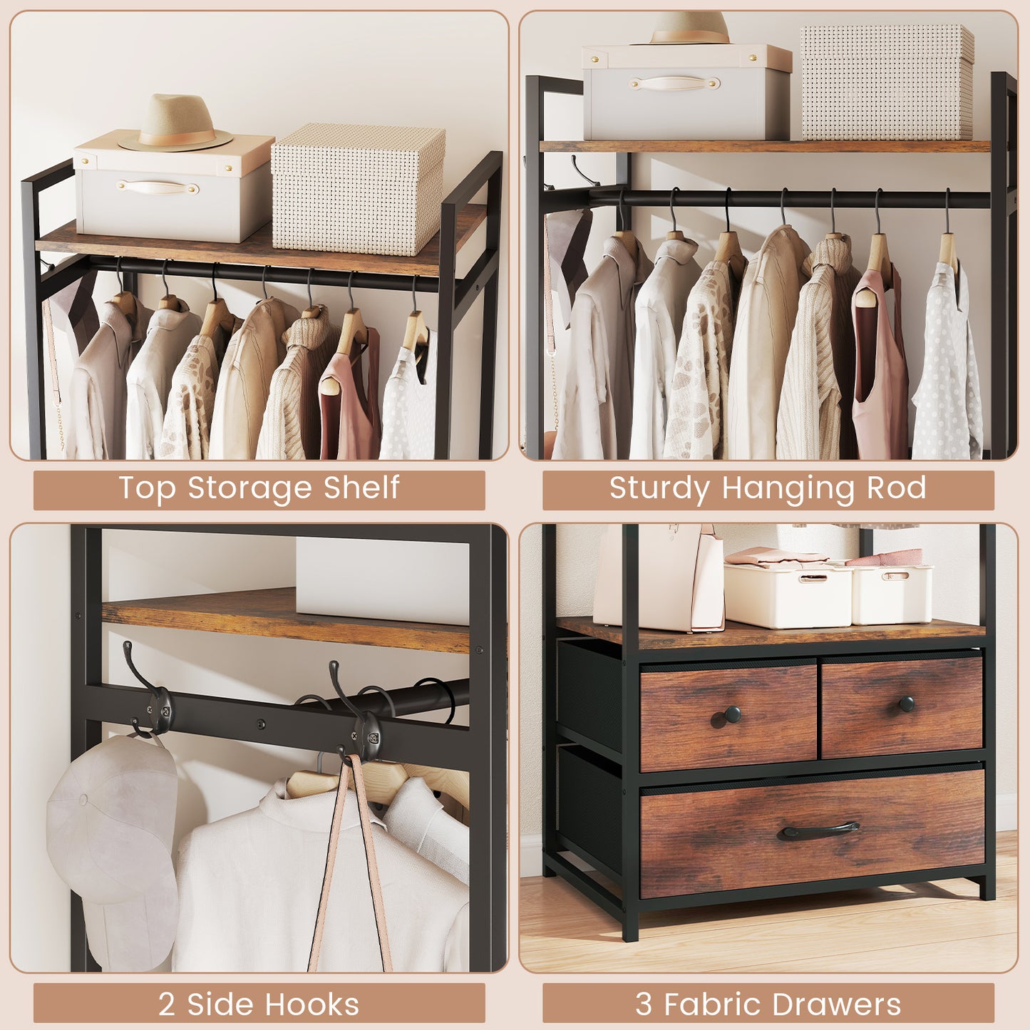 Clothes Rack With Drawers, Shelves, Side Hooks, Metal Frame, Brown Coat Racks & Hall Trees at Gallery Canada