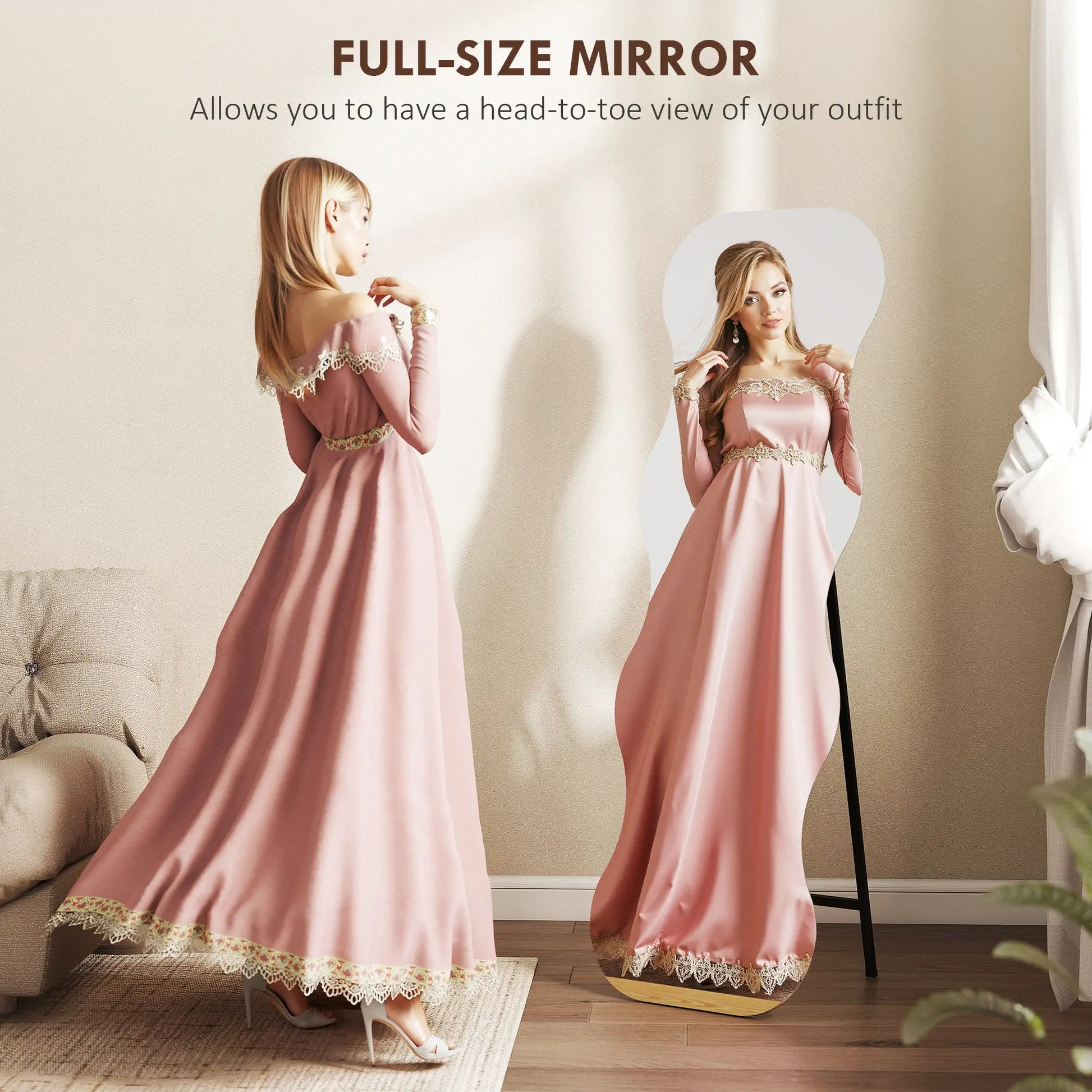 64" x 21" Full Length Mirror, Irregular Wavy Frameless with Pine Wood Base, Black Full Length Mirrors at Gallery Canada