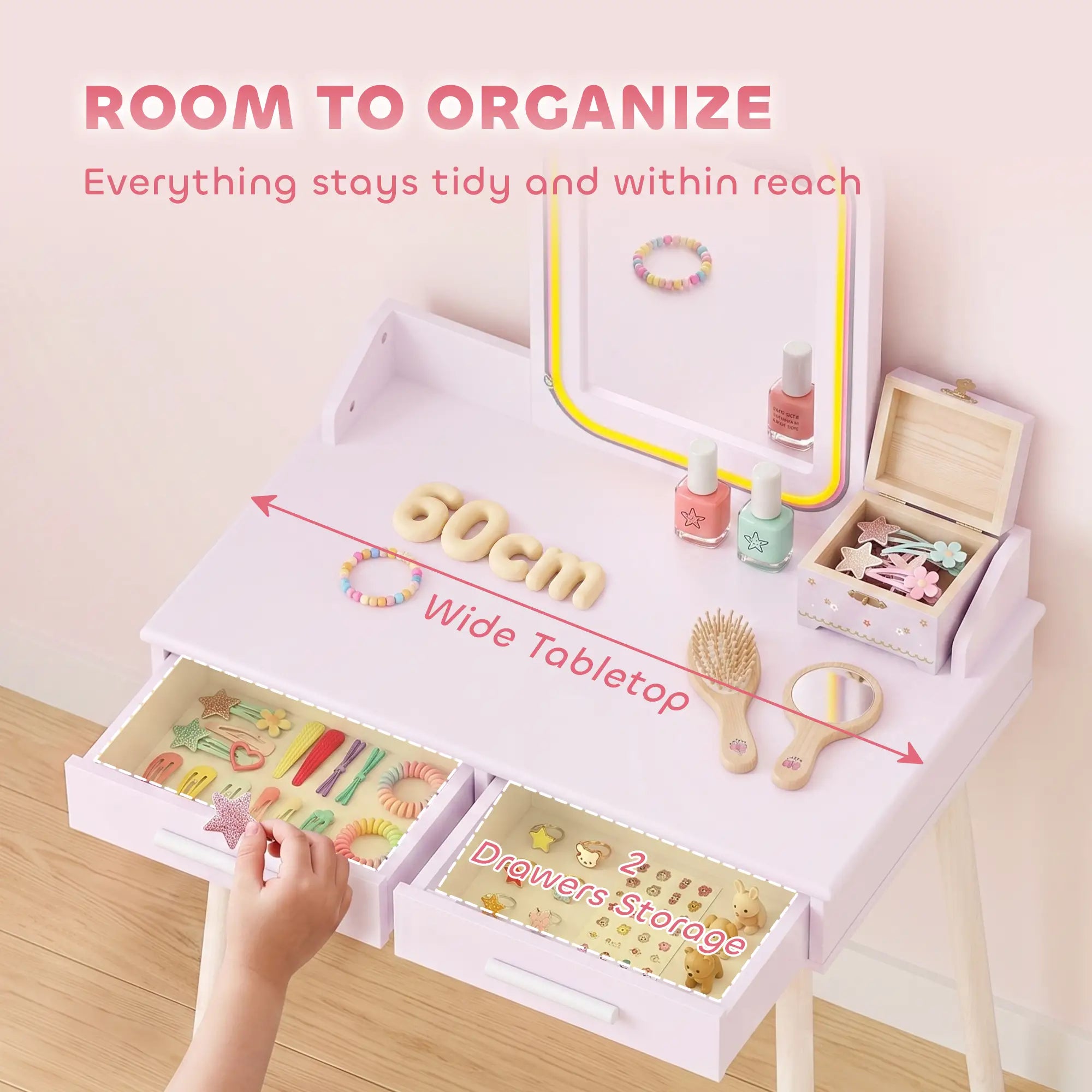 Kids Vanity Set with Stool, LED Mirror, Pink Kids Bedroom Furniture at Gallery Canada