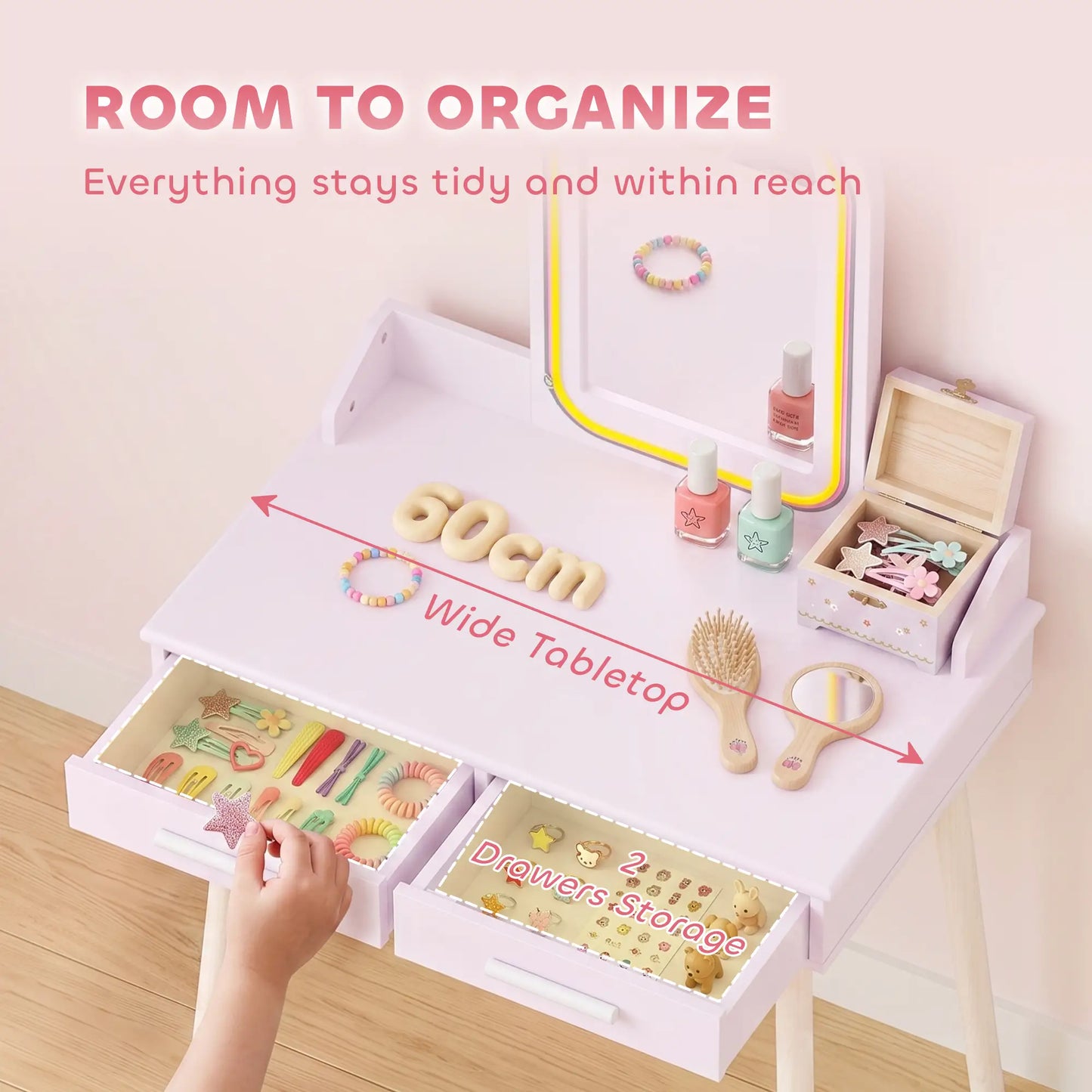 Kids Vanity Set with Stool, LED Mirror, Pink Kids Bedroom Furniture at Gallery Canada