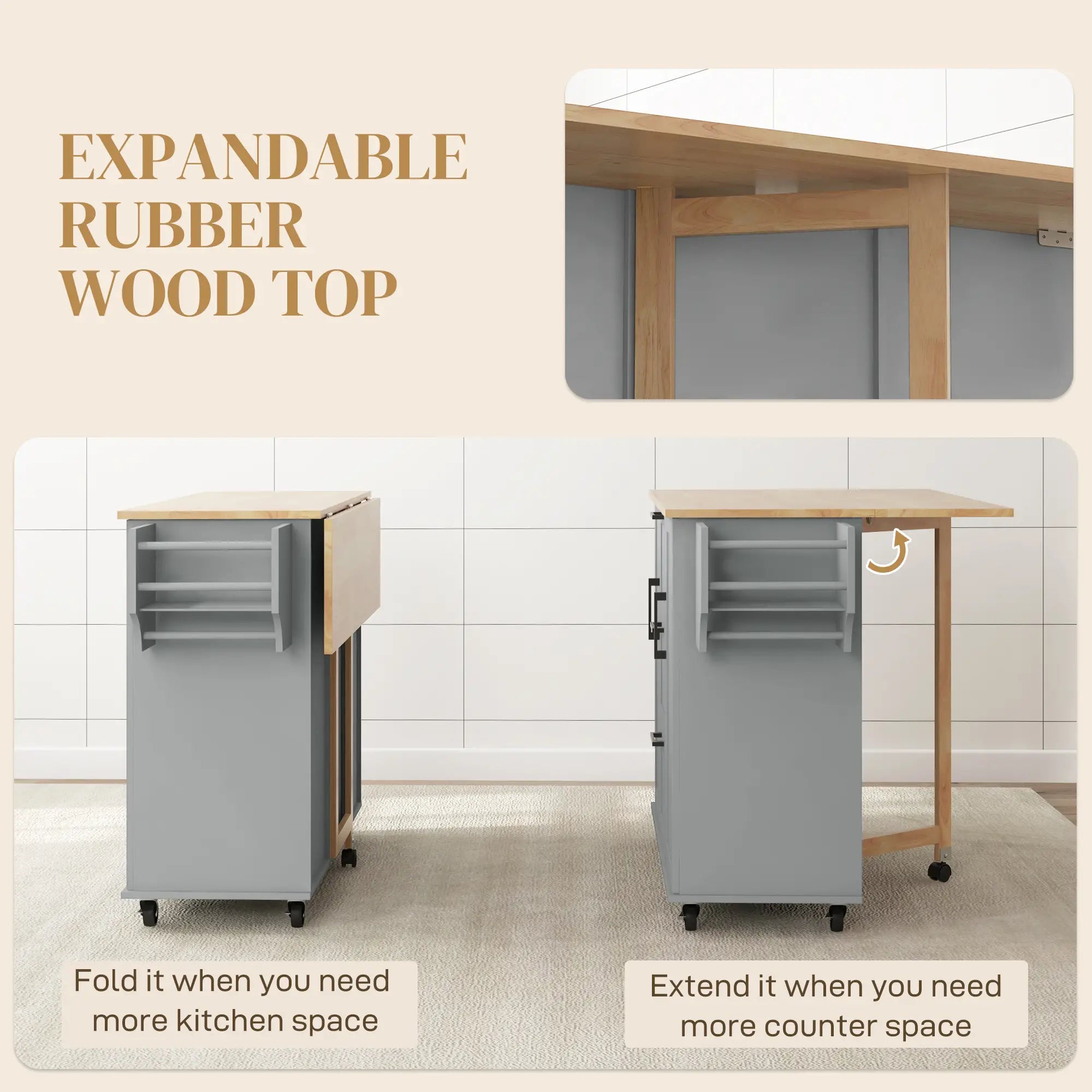 Rolling Kitchen Cart with Drop Leaf, 3 Drawers, Solid Wood Top, Towel Rack, Grey Kitchen Islands & Kitchen Carts at Gallery Canada