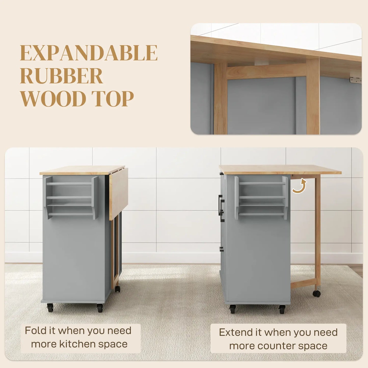 Rolling Kitchen Cart with Drop Leaf, 3 Drawers, Solid Wood Top, Towel Rack, Grey Kitchen Islands & Kitchen Carts at Gallery Canada