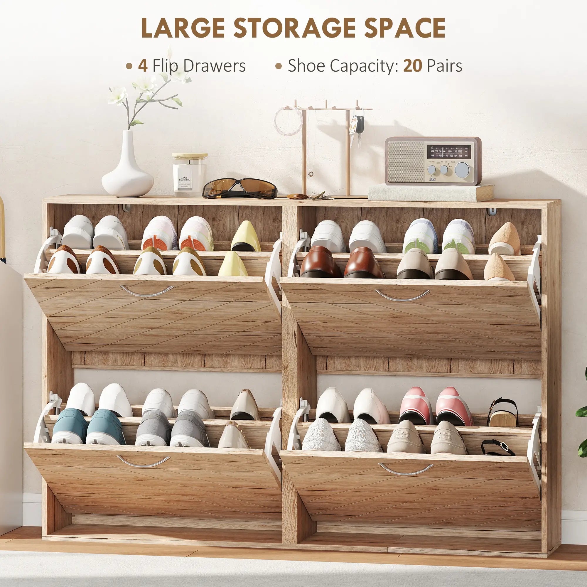 Shoe Storage Cabinet, 3 Flip Drawers, Narrow Slim, 12 Pair Organizer, Oak Shoe Storage Cabinets & Racks at Gallery Canada