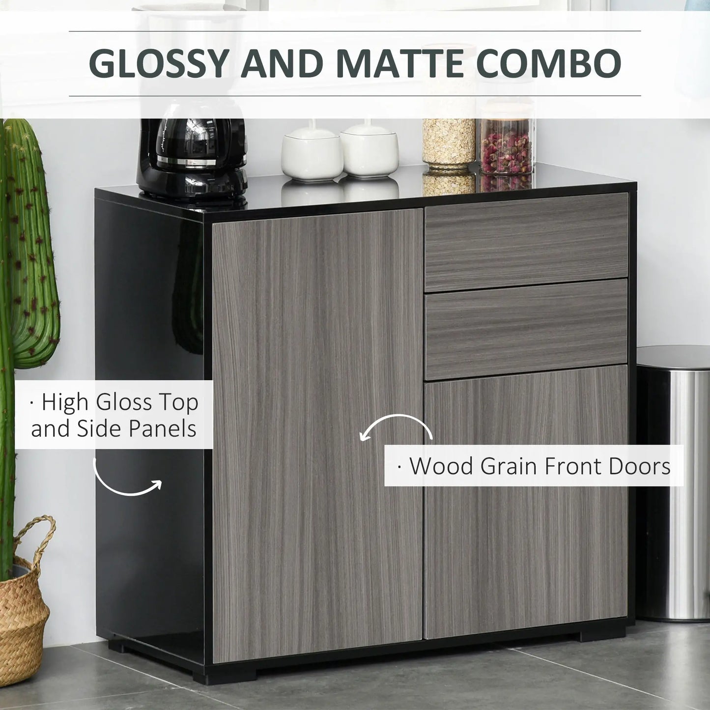 High Gloss Buffet Sideboard, 2 Drawers, 2 Doors, Adjustable Shelf, Kitchen Cabinet, Grey Black