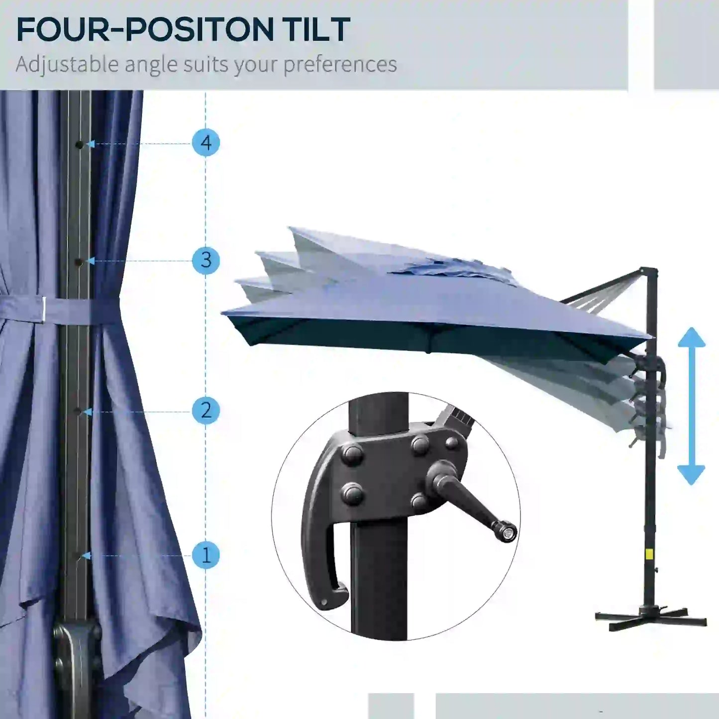 10x10ft Rotatable Square Cantilever Umbrella, 4 Adjustable Angles, Blue Cantilever Umbrellas at Gallery Canada