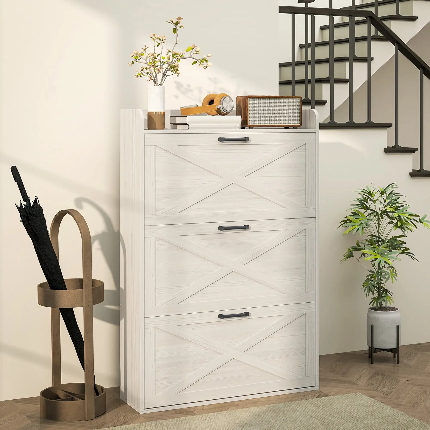 Narrow Shoe Storage Cabinet, 3 Flip Drawers, Adjustable Shelves, White Oak Shoe Storage Cabinets & Racks at Gallery Canada