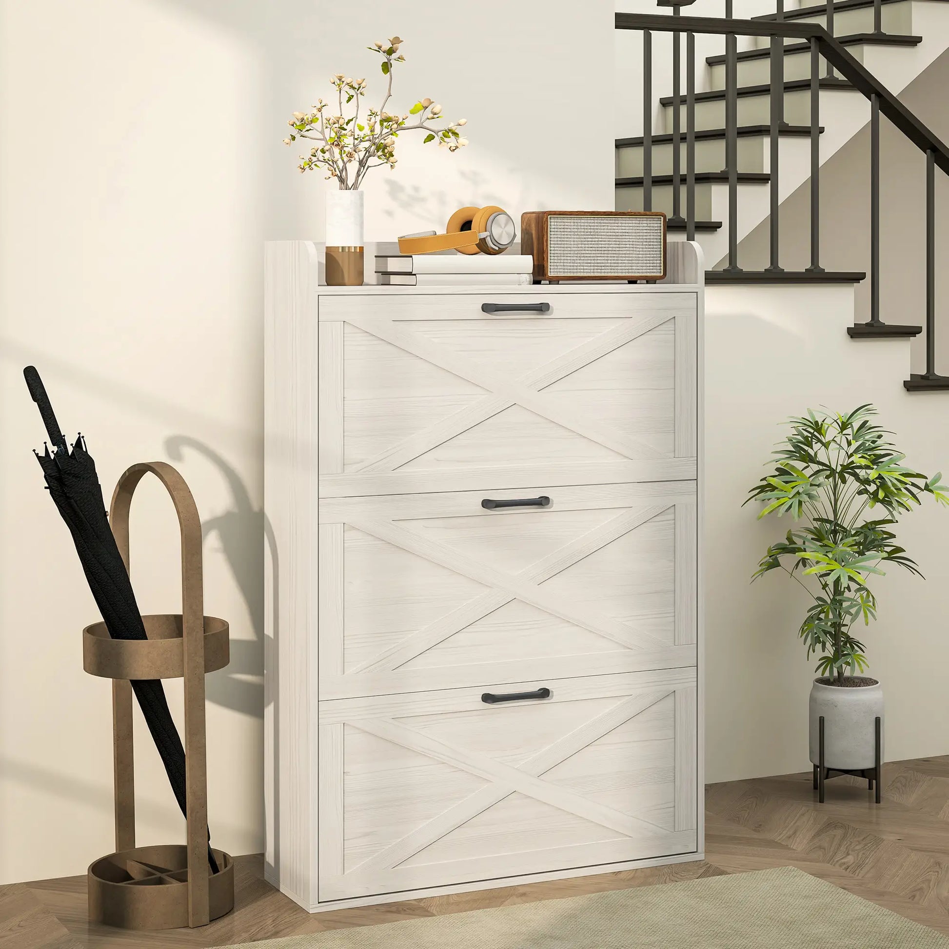 Narrow Shoe Storage Cabinet, 3 Flip Drawers, Adjustable Shelves, White Oak Shoe Storage Cabinets & Racks at Gallery Canada