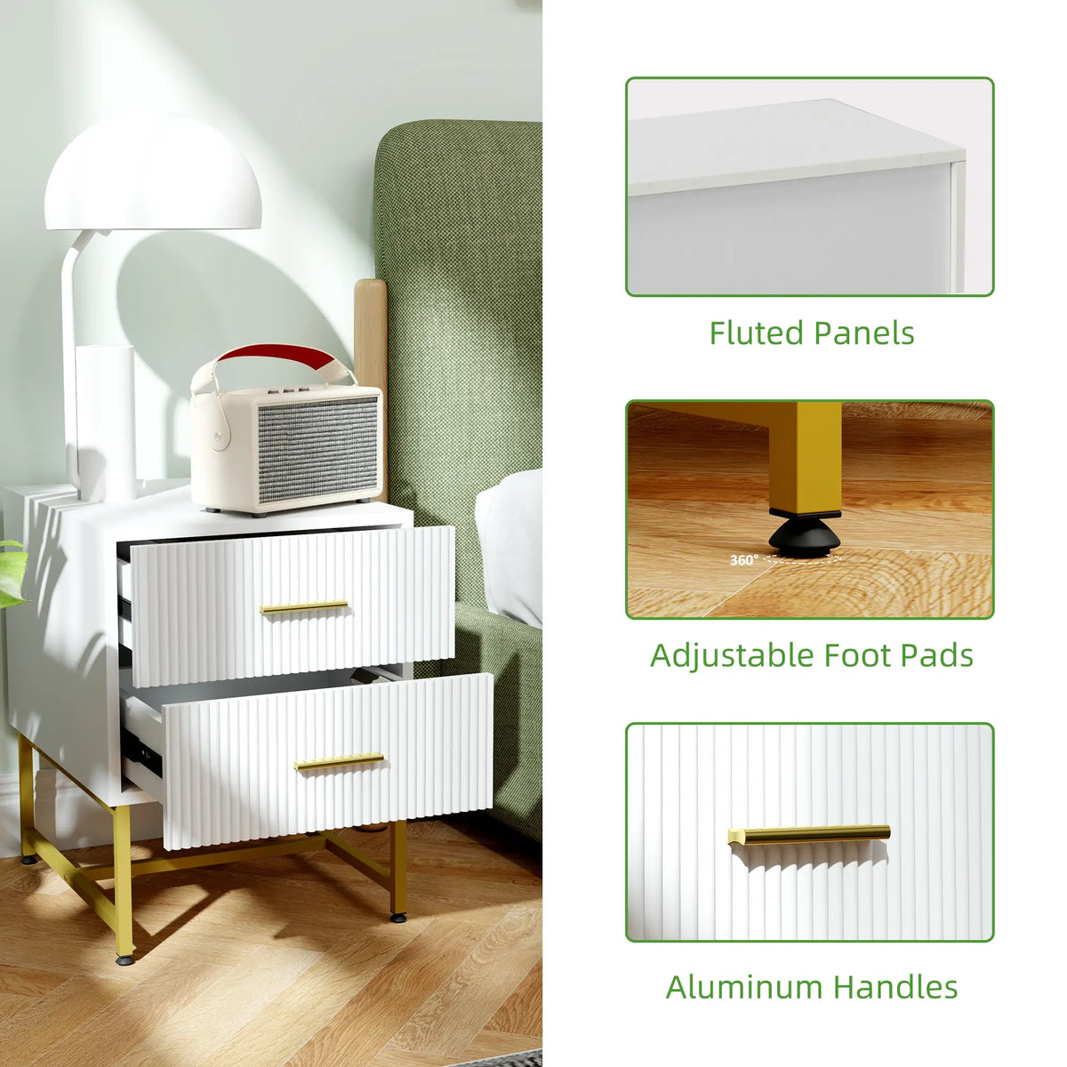 2 Nightstands with Storage, Modern Bedside Tables, 2 Fluted Drawers, Gold Legs, White Bedside Tables at Gallery Canada