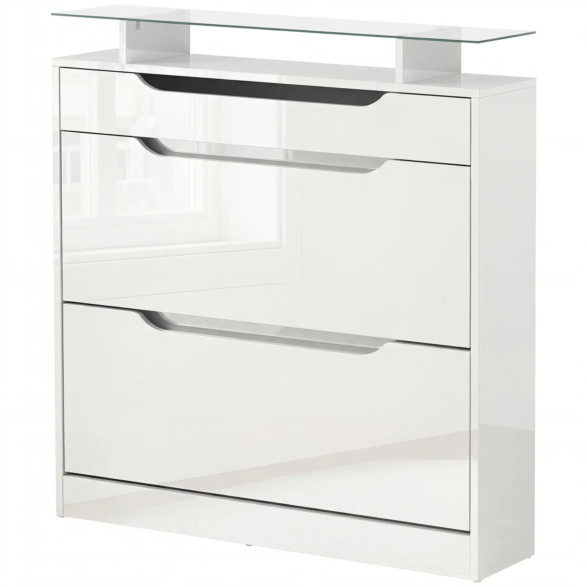 High Gloss Shoe Cabinet, 2 Flip Drawers, Adjustable Shelves, Glass Top, White Shoe Storage Cabinets & Racks High Gloss White at Gallery Canada