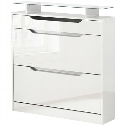 High Gloss Shoe Cabinet, 2 Flip Drawers, Adjustable Shelves, Glass Top, White Shoe Storage Cabinets & Racks High Gloss White at Gallery Canada