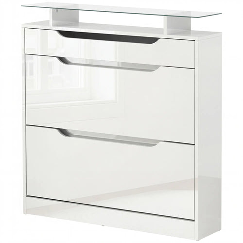 High Gloss Shoe Cabinet, 2 Flip Drawers, Adjustable Shelves, Glass Top, White