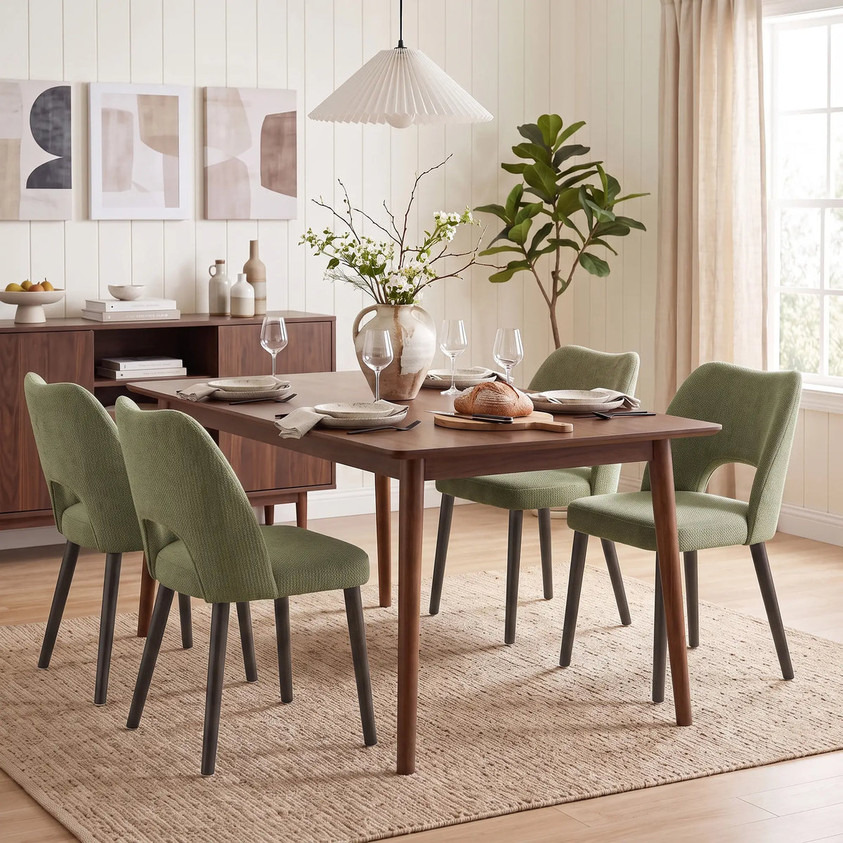 Chenille Upholstered Dining Chairs Set, Green