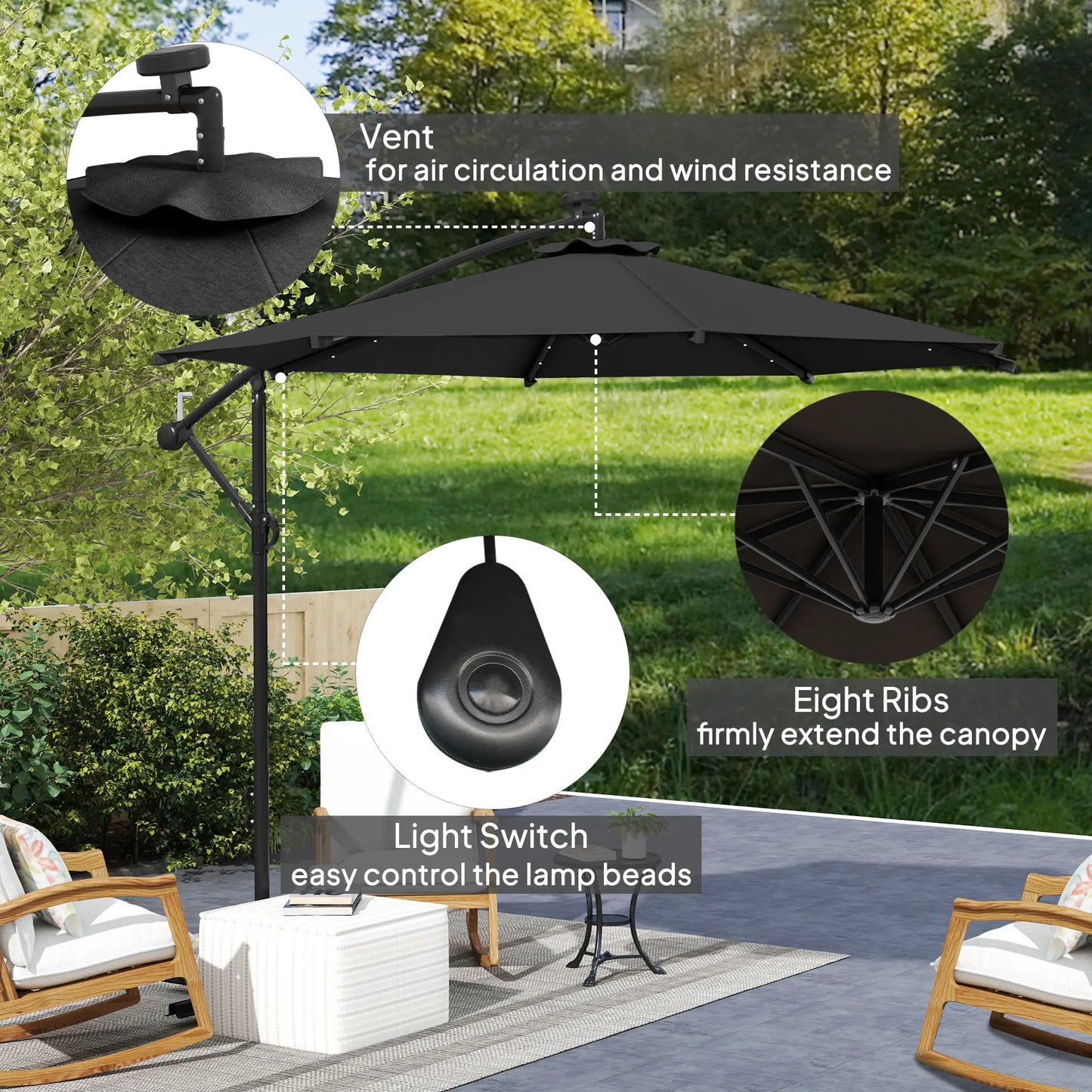 10ft Banana Umbrella, Solar Lights, Adjustable Angle, Patio Backyard, Black Offset Cantilever Umbrellas at Gallery Canada