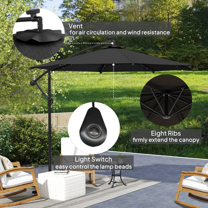 10ft Banana Umbrella, Solar Lights, Adjustable Angle, Patio Backyard, Black Offset Cantilever Umbrellas at Gallery Canada