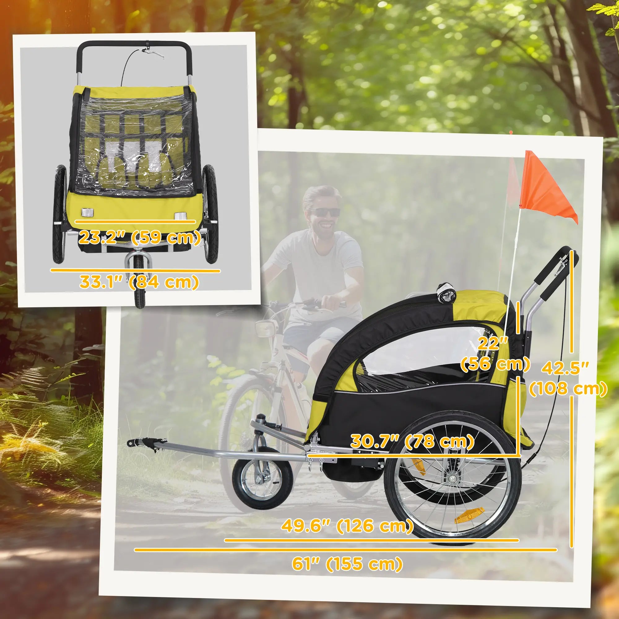 2-in-1 Bike Trailer, Foldable 2-Seat Stroller, 5-Point Harness, Yellow Kids Bike Trailers at Gallery Canada