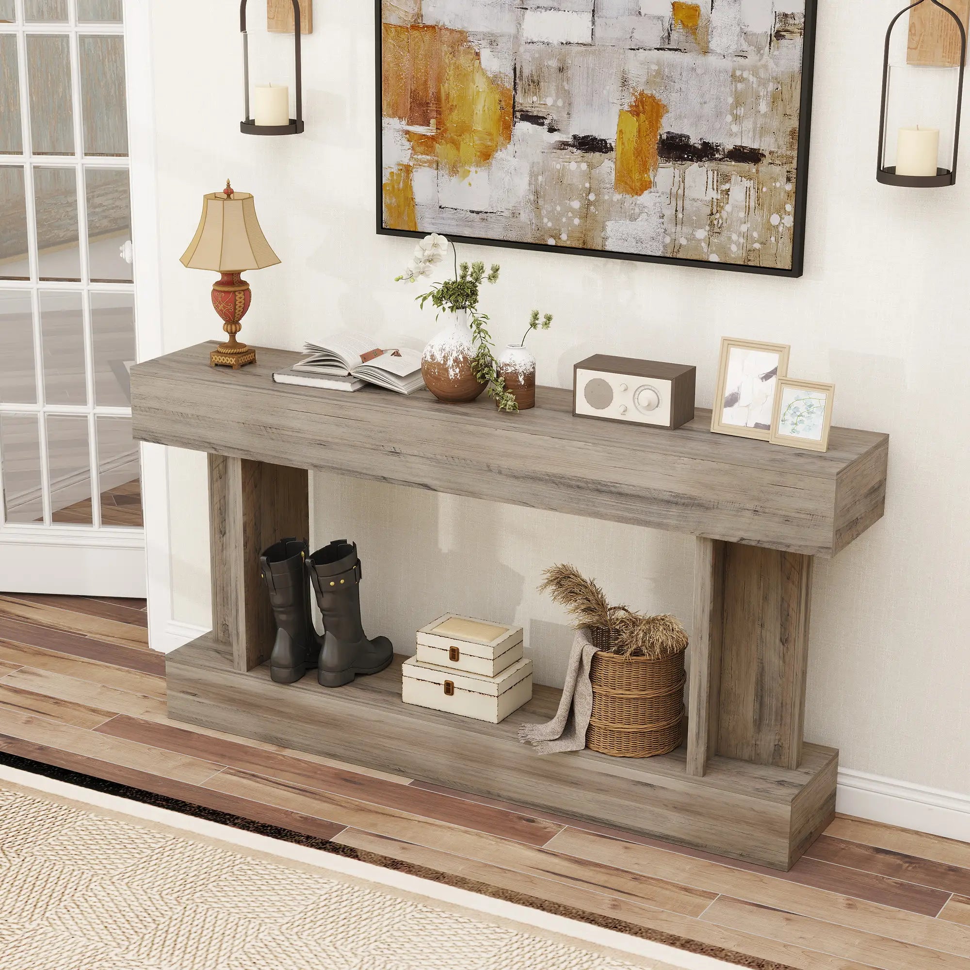 63 Inch Console Table, Vintage Narrow with Storage Shelf, Light Brown Console Tables at Gallery Canada