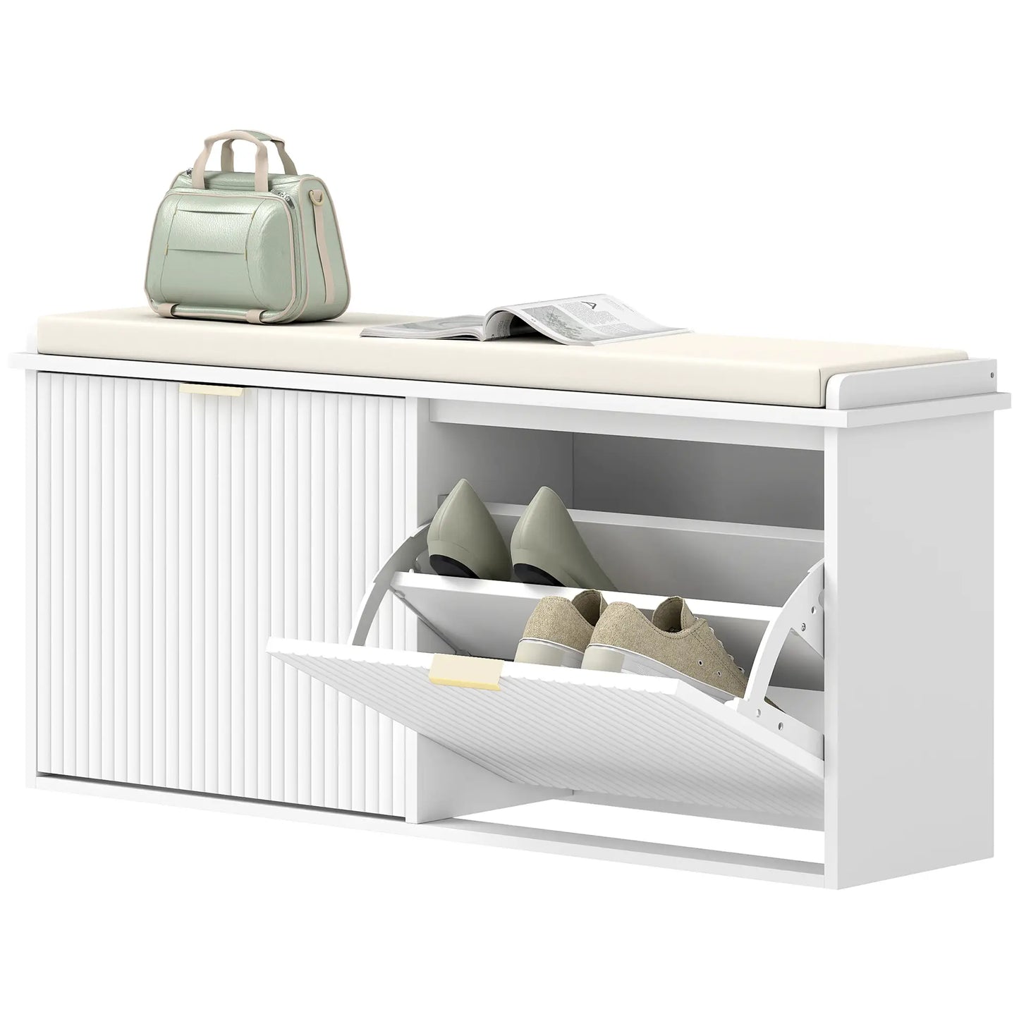 Entryway Bench with Padded Seat, Flip-Drawers, Holds 529lbs, White Shoe Storage Cabinets & Racks White, Beige at Gallery Canada