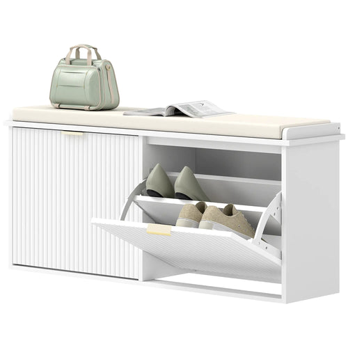 Entryway Bench with Padded Seat, Flip-Drawers, Holds 529lbs, White
