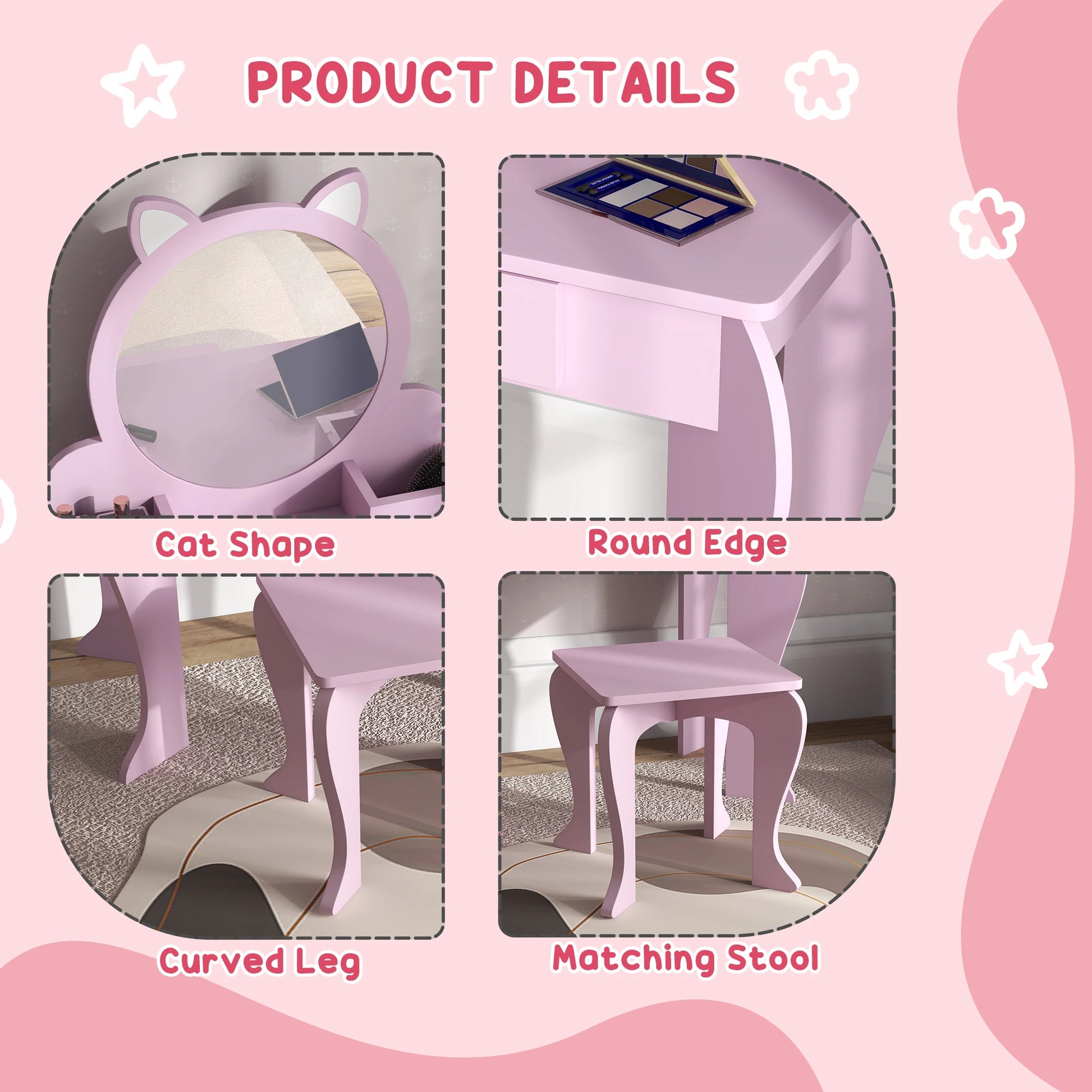 Cat Design Makeup Vanity with Mirror, Stool, Drawer, Pink Toy Vanity at Gallery Canada