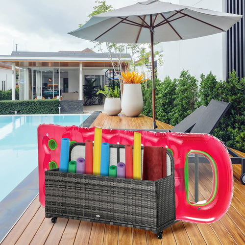 Rolling Pool Storage, Rattan Patio Furniture, Outdoor Wicker Organizer, Grey