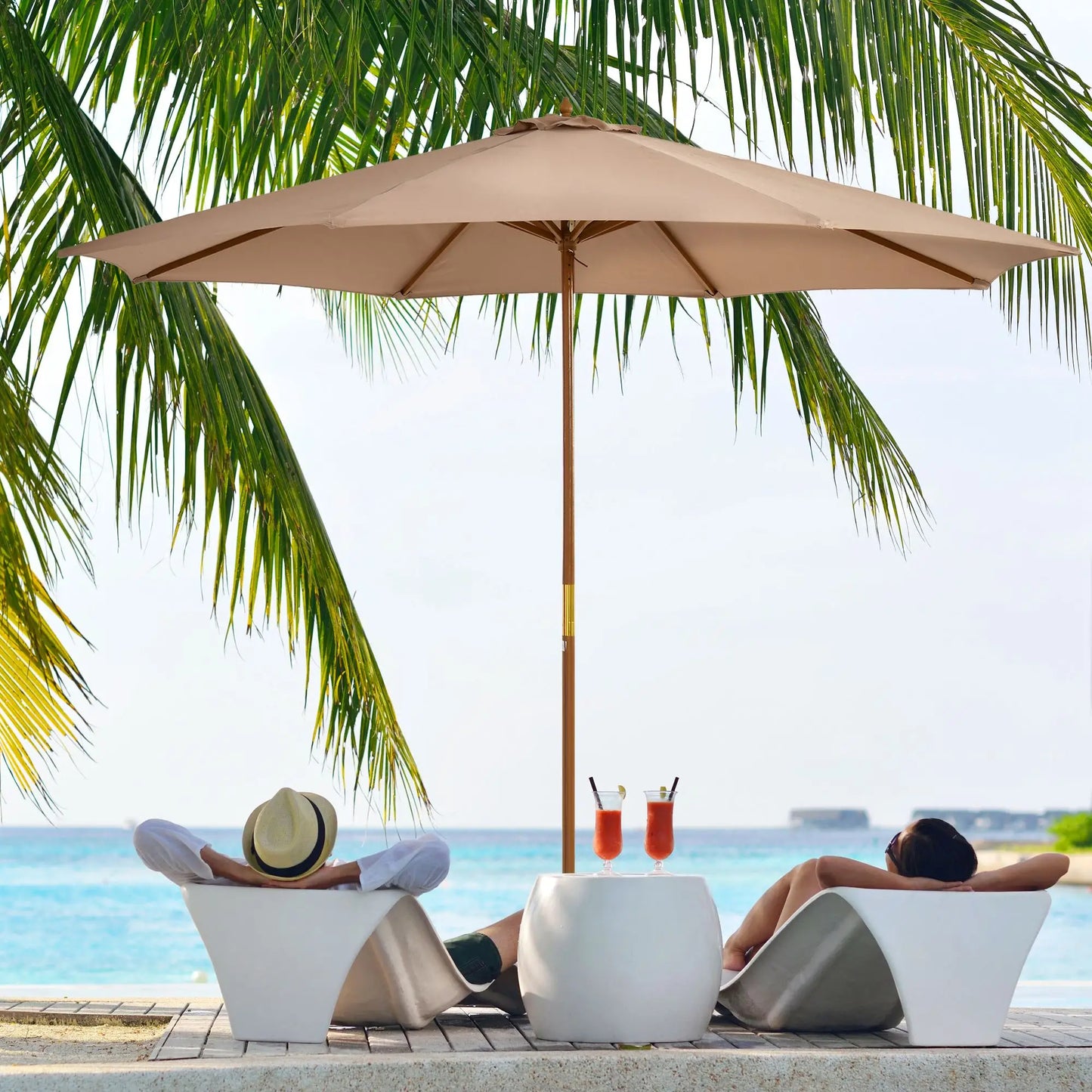 10' x 8' Khaki Wooden Patio Umbrella, Garden Parasol, Outdoor Sunshade, Khaki Sun Umbrellas at Gallery Canada