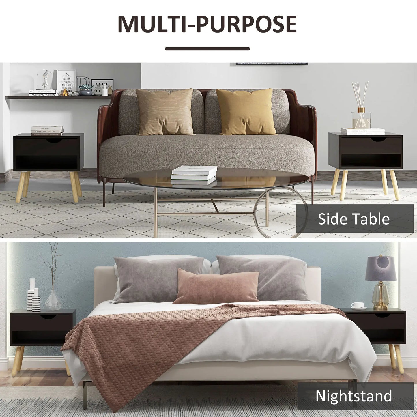 Set of 2 Nightstands with Storage Drawer and Shelf, Modern Bedside Table for Bedroom, Black Bedside Tables at Gallery Canada