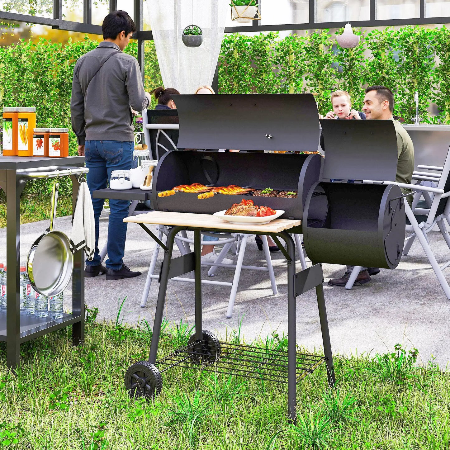 Charcoal BBQ Grill With Offset Smoker, 124 x 53 x 104 cm, Black Charcoal BBQ Grils at Gallery Canada