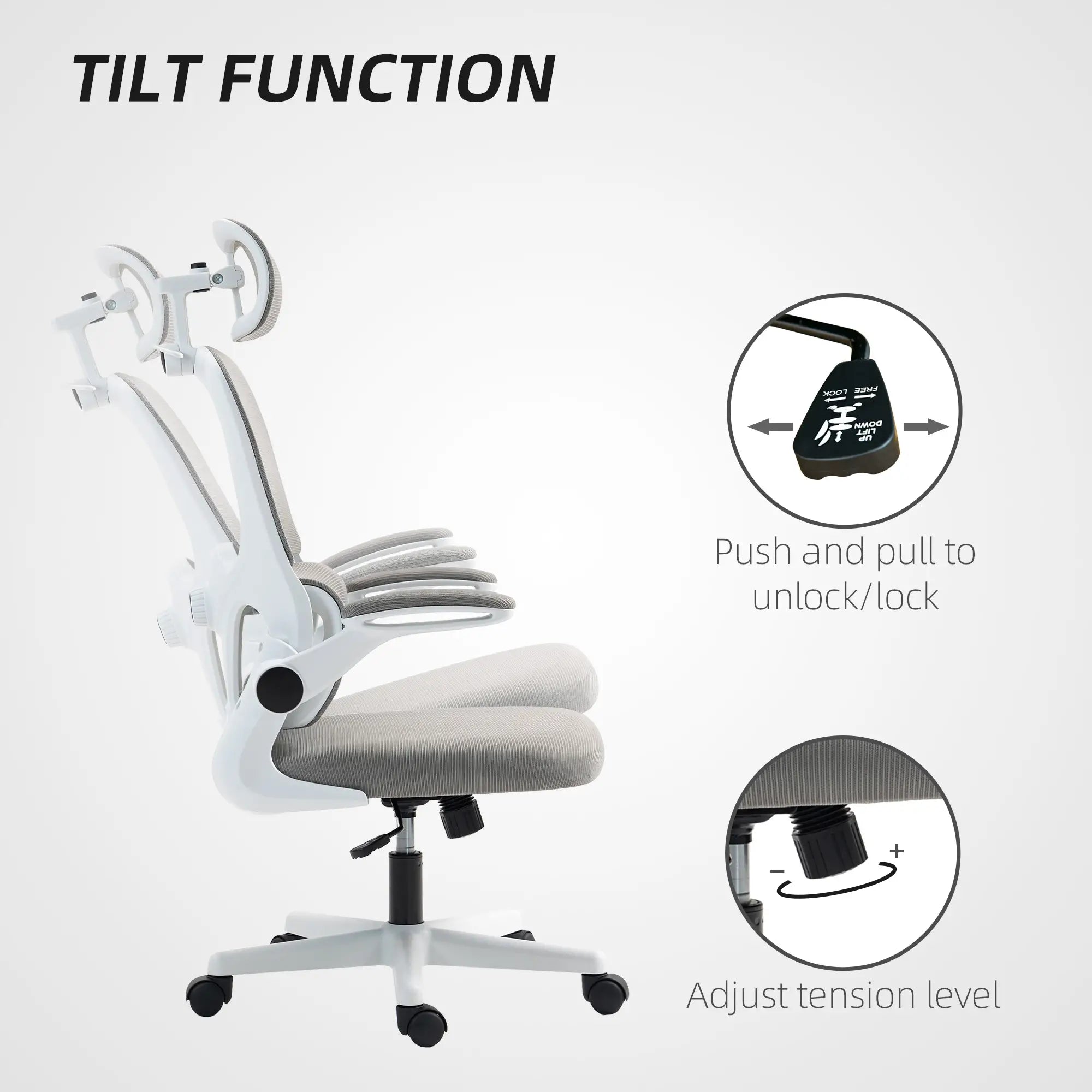 Mesh Office Chair, Ergonomic with Flip-Up Armrest, Rotatable Headrest, Adjustable Lumbar Support, Grey Office Chairs at Gallery Canada