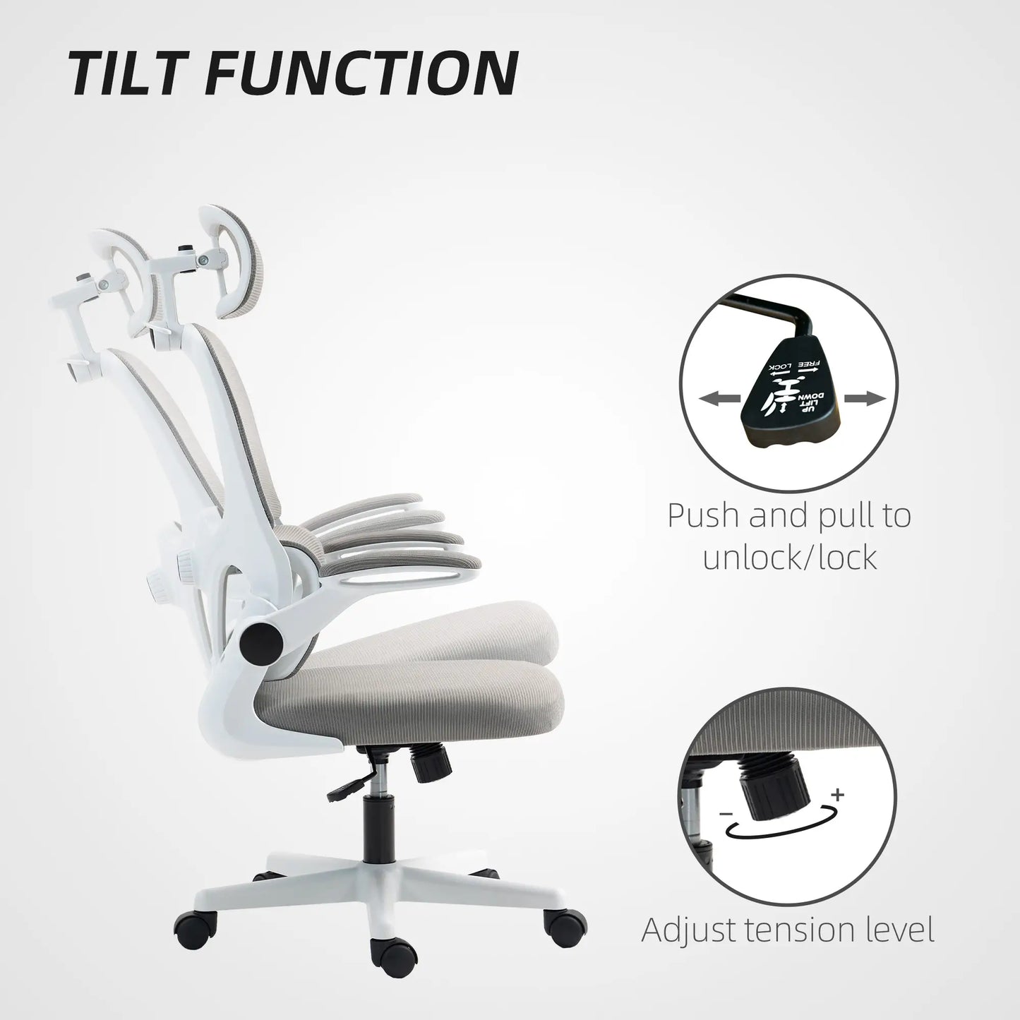 Mesh Office Chair, Ergonomic with Flip-Up Armrest, Rotatable Headrest, Adjustable Lumbar Support, Grey Office Chairs at Gallery Canada