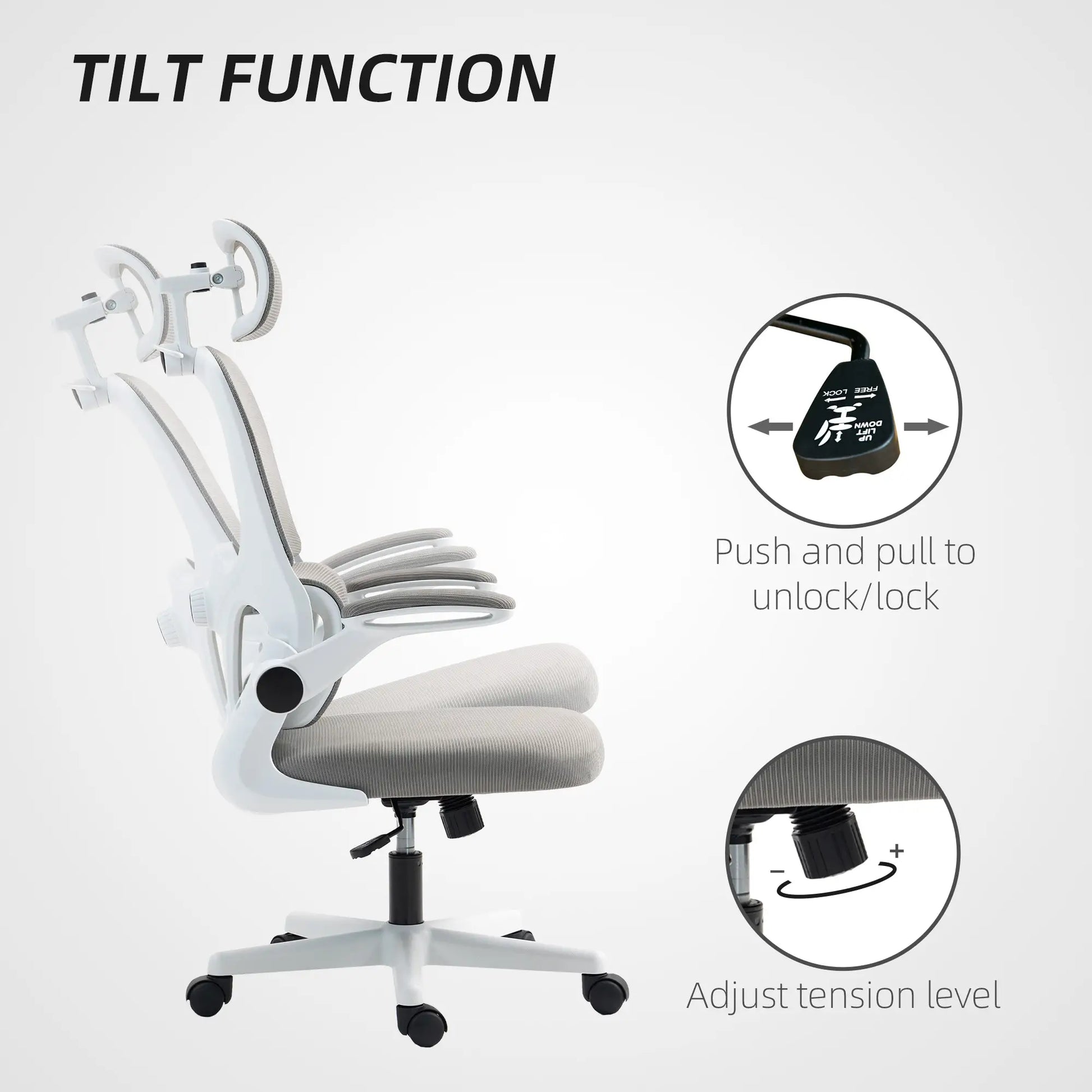 Mesh Office Chair, Ergonomic with Flip-Up Armrest, Rotatable Headrest, Adjustable Lumbar Support, Grey Office Chairs at Gallery Canada